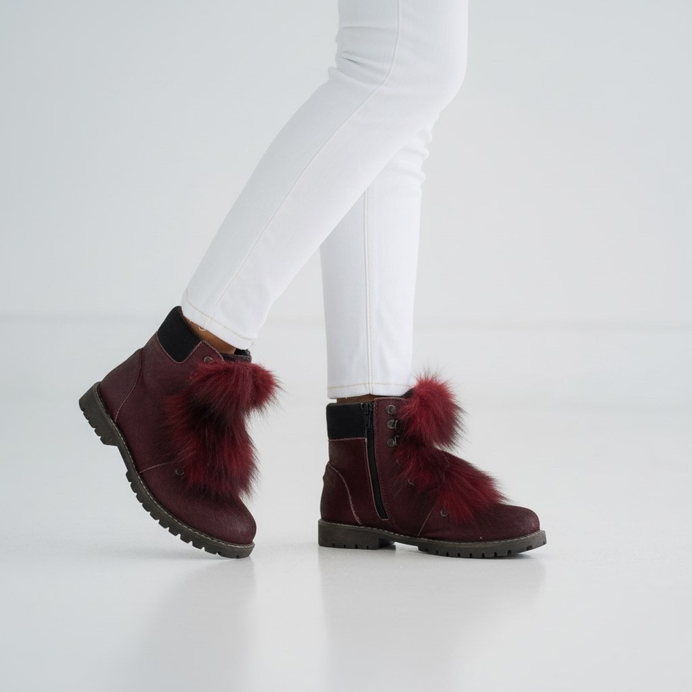 ALFRED C. Burgundy Pony Hair Winter Boots Fur Trim Ice Cleats 7